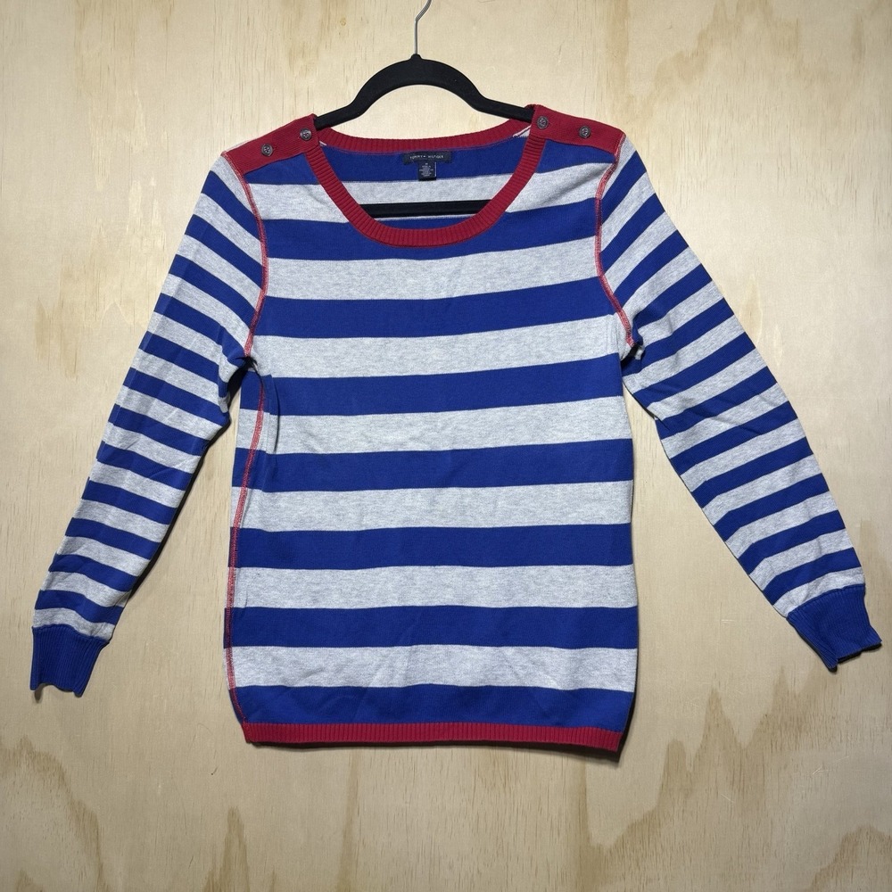 Tommy Hilfiger Sweater Women M Blue Gray‎ Striped Cotton Nautical Crew